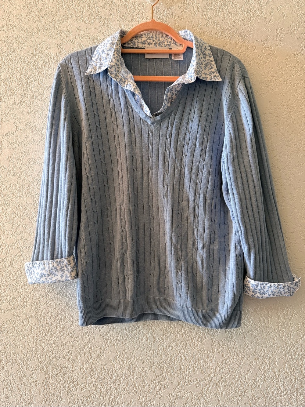 ALFRED DUNNER Womens Casual Blue Cable Knit Layer Sweater Set Floral Collar Sz M